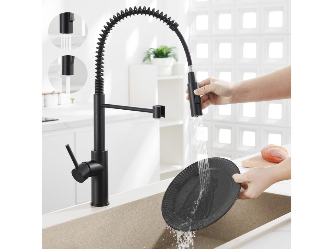 Vente Unique CECIPA MAX Evier 1 Bac En Quartz Et Résine Noir Gris 50*44*20cm + Mitigeur De Cuisine à Ressort Noir Avec Douchette Extractible