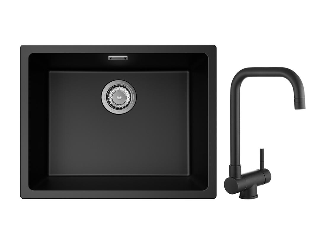 Vente Unique CECIPA MAX Evier 1 Bac En Quartz Et Résine Noir Gris 55*44*20cm + Mitigeur Rabattable Noir Robinet Pliable Mitigeur Sous Fenêtre