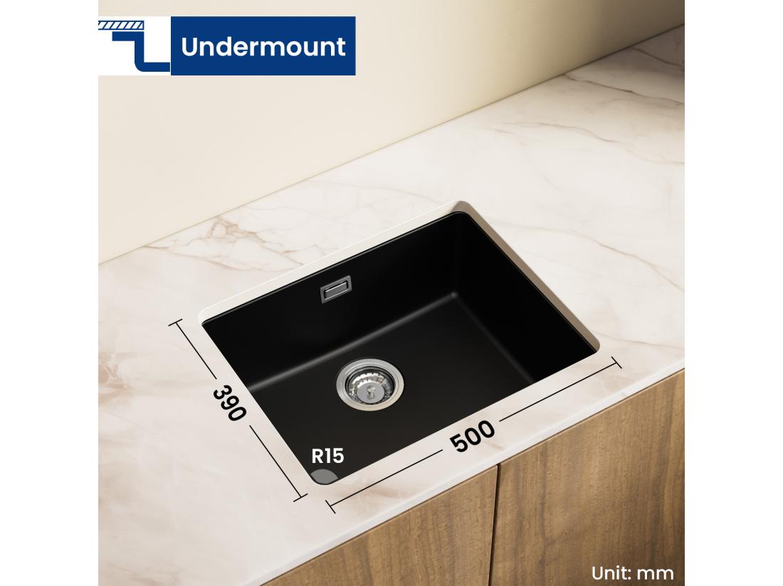 Vente Unique CECIPA MAX Evier 1 Bac En Quartz Et Résine Noir Gris 55*44*20cm + Mitigeur Rabattable Noir Robinet Pliable Mitigeur Sous Fenêtre