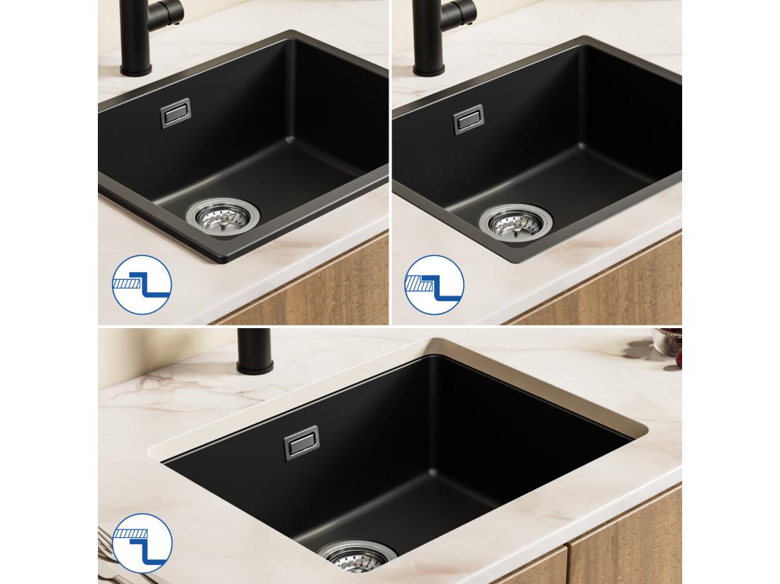 Vente Unique CECIPA MAX Evier 1 Bac En Quartz Et Résine Noir Gris 55*44*20cm + Mitigeur Rabattable Noir Robinet Pliable Mitigeur Sous Fenêtre