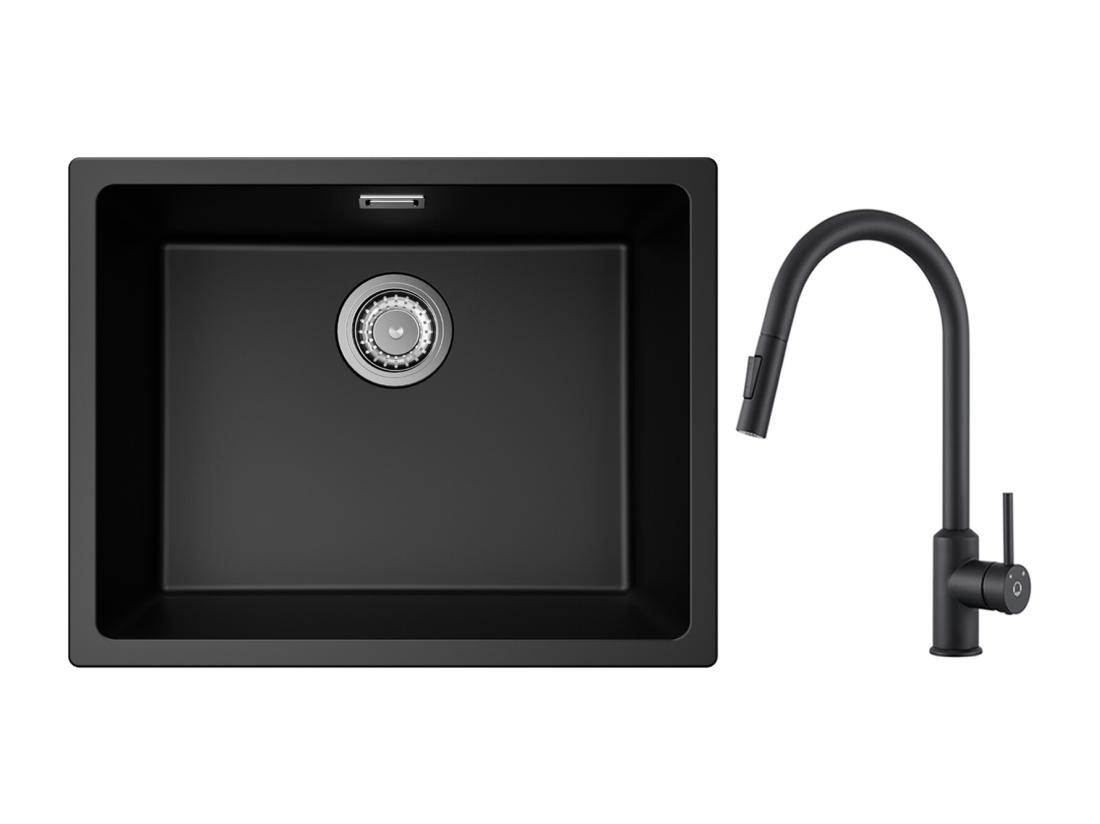 Vente Unique CECIPA MAX Evier 1 Bac En Quartz Et Résine Noir Gris 55*44*20cm + Mitigeur De Cuisine Avec Douchette Extractible Noir