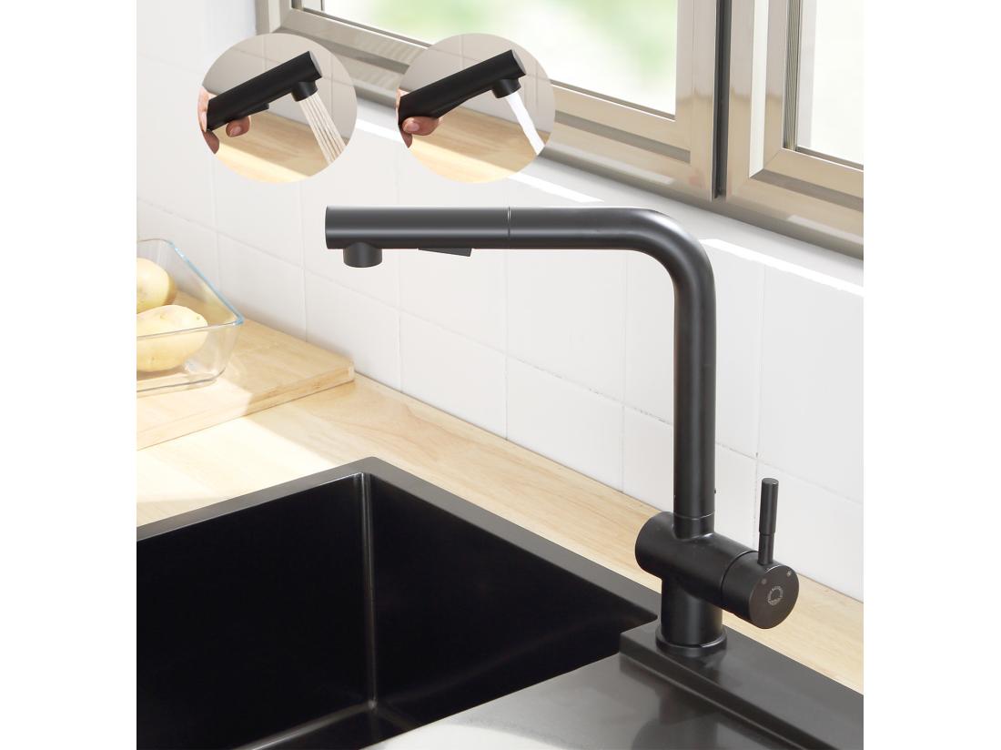 Vente Unique CECIPA MAX Evier 1 Bac En Quartz Et Résine Noir Gris 45*44*20cm + Robinet Cuisine Avec Douchette Extractible Mitigeur D'évier Noir