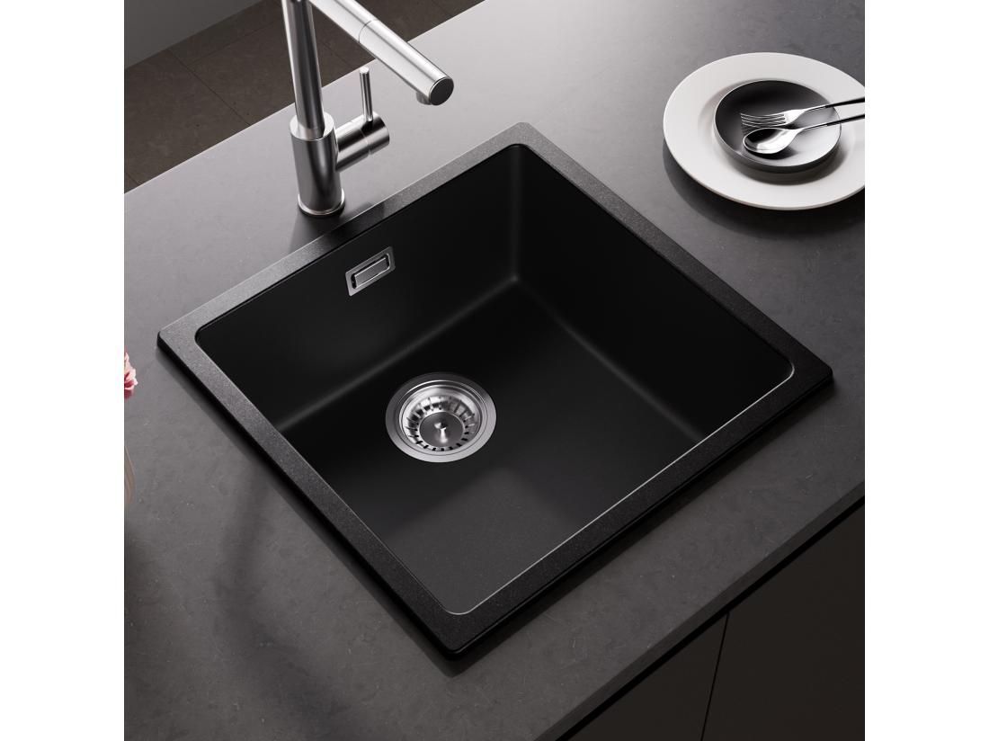 Vente Unique CECIPA MAX Evier 1 Bac En Quartz Et Résine Noir Gris 45*44*20cm + Robinet Cuisine Avec Douchette Extractible Mitigeur D'évier Noir