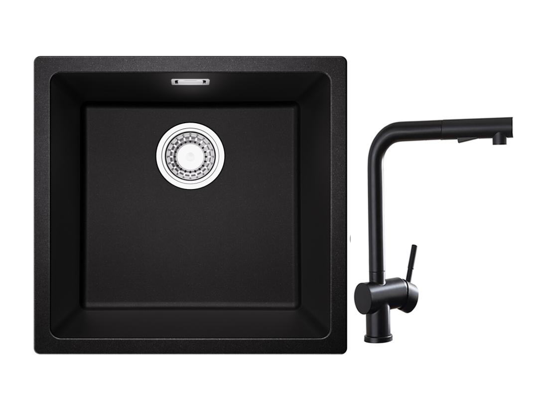 vente unique CECIPA MAX Evier 1 Bac en Quartz et Résine Noir Gris 45*44*20cm + Robinet Cuisine avec Douchette Extractible Mitigeur d'évier Noir