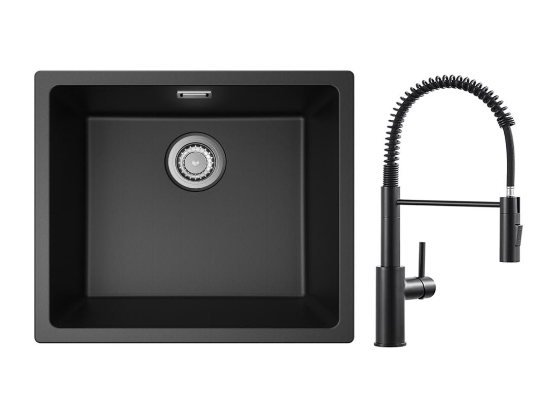 vente unique CECIPA MAX Evier 1 Bac en Quartz et Résine Noir Gris 50*44*20cm + Mitigeur de Cuisine à Ressort Noir avec Douchette Extractible