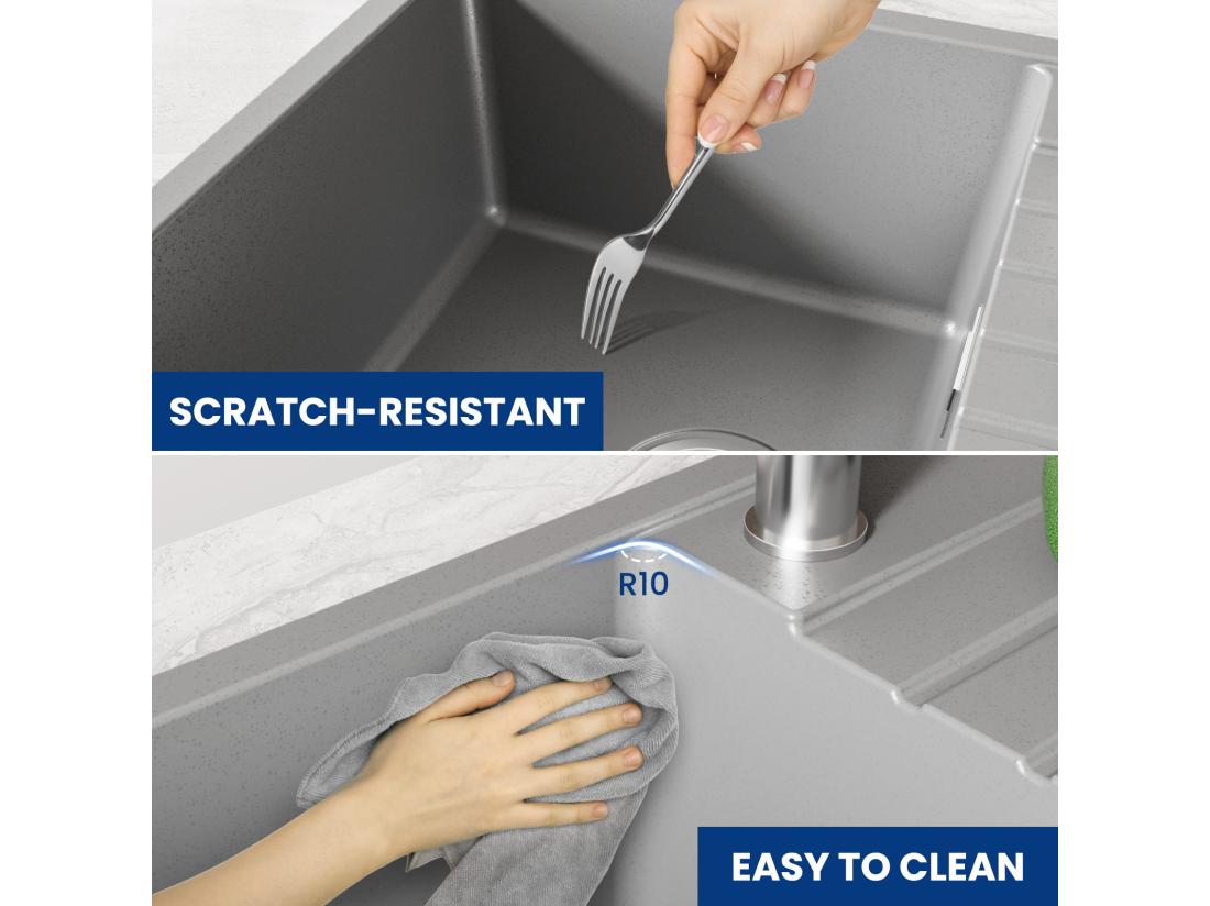 Vente Unique Cecipa MAX Evier à Encastrer 1 Bac Avec Egouttoir Quartz Et Résine Gris 65x45cm Evier 1 Bac En Quartz Evier De Cuisine En Granit