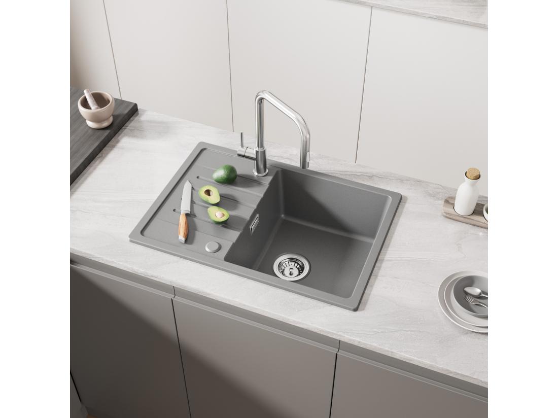 Vente Unique Cecipa MAX Evier à Encastrer 1 Bac Avec Egouttoir Quartz Et Résine Gris 65x45cm Evier 1 Bac En Quartz Evier De Cuisine En Granit