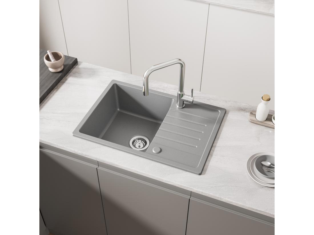 vente unique Cecipa MAX Evier à Encastrer 1 Bac avec Egouttoir Quartz et Résine Gris 65x45cm Evier 1 Bac en Quartz Evier de Cuisine en Granit