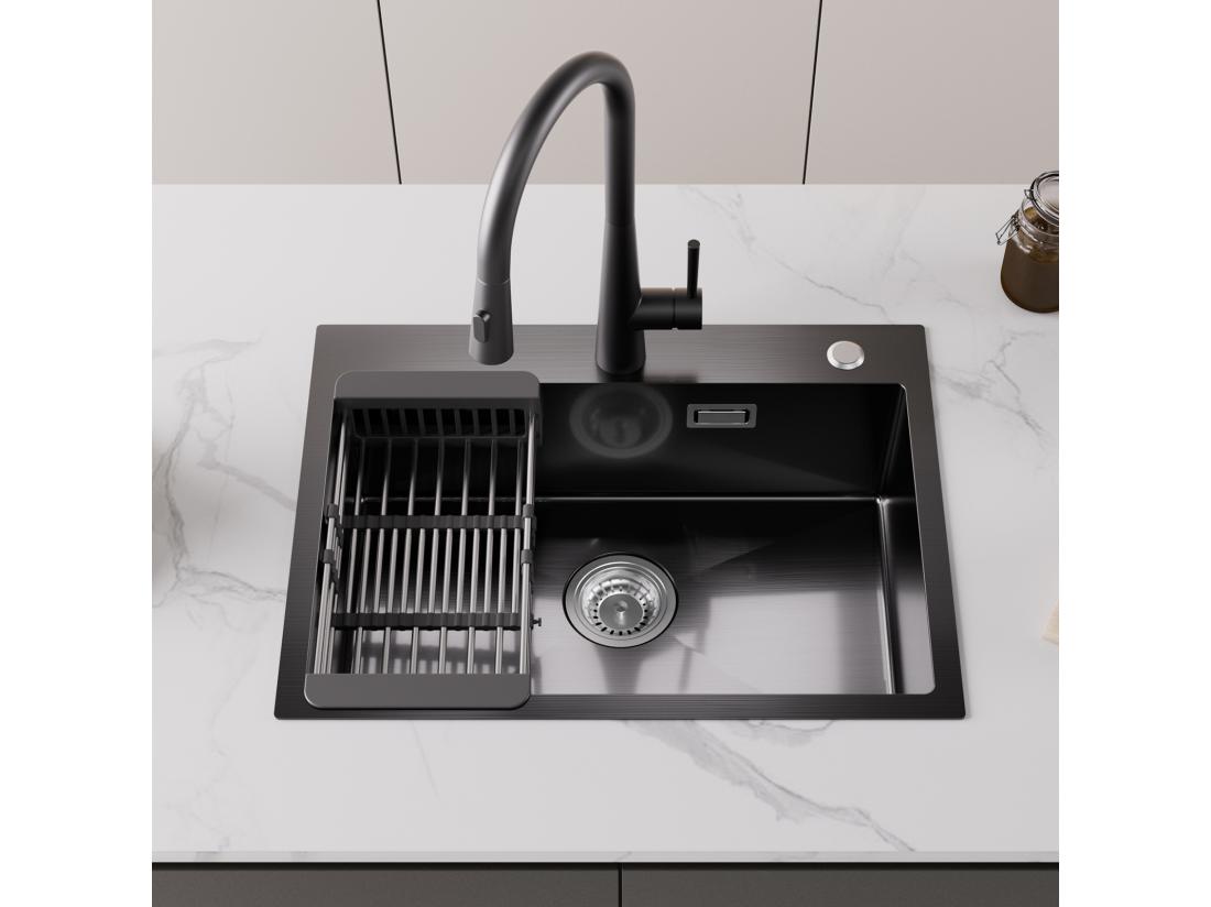 Vente Unique Cecipa MAX Évier Cuisine 1 Bac 60×45×18CM Évier Cuisine Acier Inoxydable 201 Noir Avec Panier De Drainage