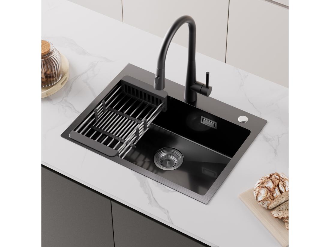 Vente Unique Cecipa MAX Évier Cuisine 1 Bac 60×45×18CM Évier Cuisine Acier Inoxydable 201 Noir Avec Panier De Drainage