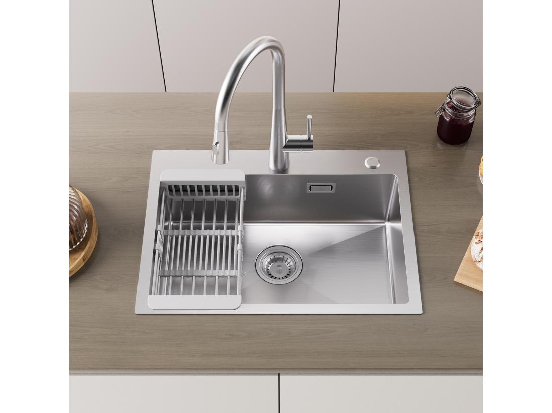 Vente Unique Cecipa Max Évier Cuisine 1 Bac 60×45×18CM Évier Inox Brossé Avec Panier De Drainage + Mitigeur De Cuisine Avec Douchette Extractible Brossé