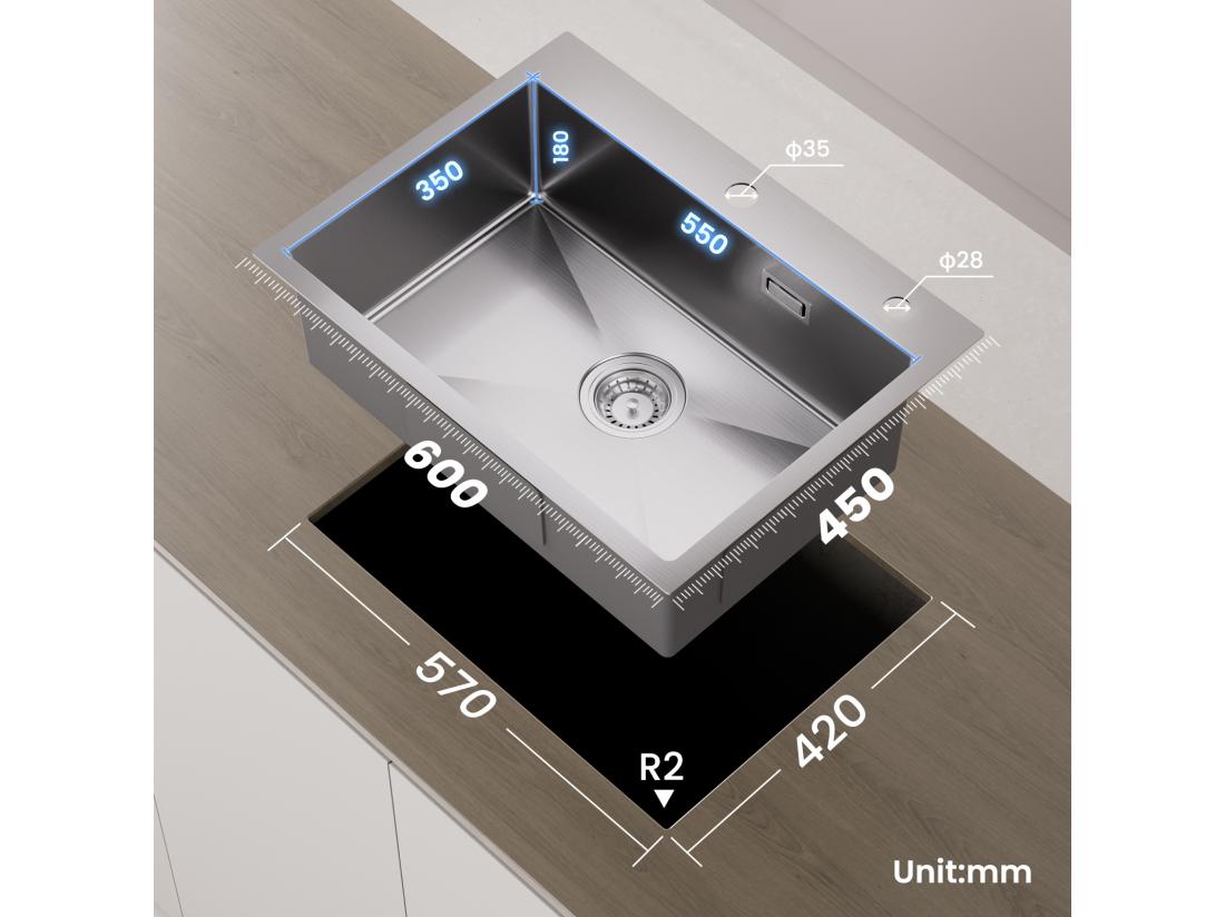 Vente Unique Cecipa Max Évier Cuisine 1 Bac 60×45×18CM Évier Inox Brossé Avec Panier De Drainage + Mitigeur De Cuisine Avec Douchette Extractible Brossé