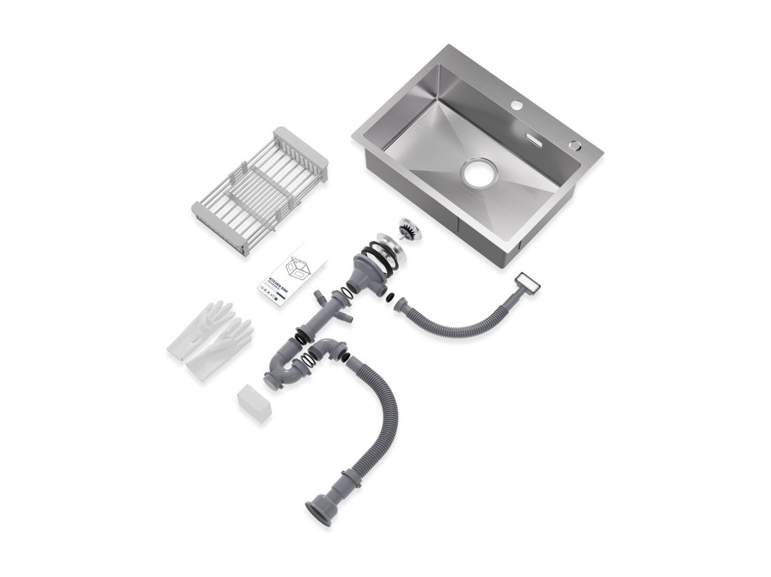 Vente Unique Cecipa Max Évier Cuisine 1 Bac 60×45×18CM Évier Inox Brossé Avec Panier De Drainage + Mitigeur De Cuisine Avec Douchette Extractible Brossé