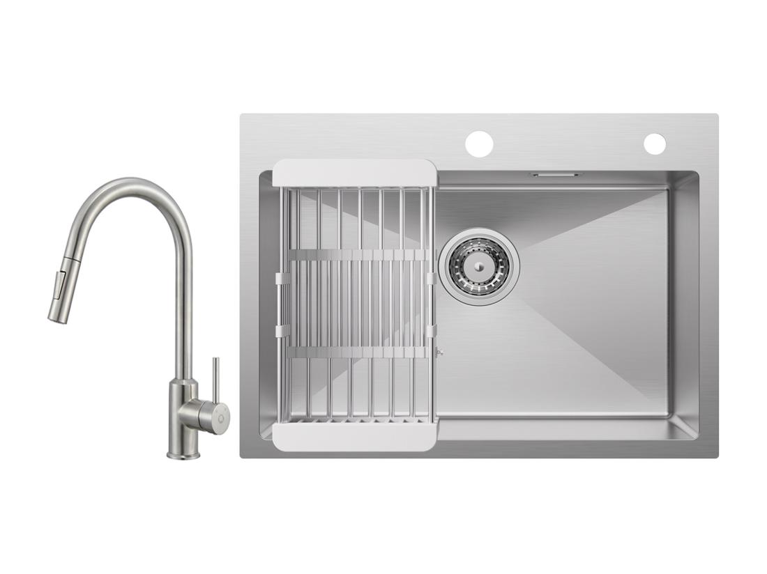 Vente Unique Cecipa Max Évier Cuisine 1 Bac 60×45×18CM Évier Inox Brossé Avec Panier De Drainage + Mitigeur Avec Douchette Extractible - 2 Modes De Sortie D'eau