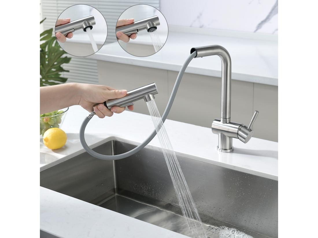 Vente Unique Cecipa Max Évier Cuisine 1 Bac 60×45×18CM Évier Inox Brossé Avec Panier De Drainage + Robinet Avec Douchette Mitigeur D'évier Extractible Brossé