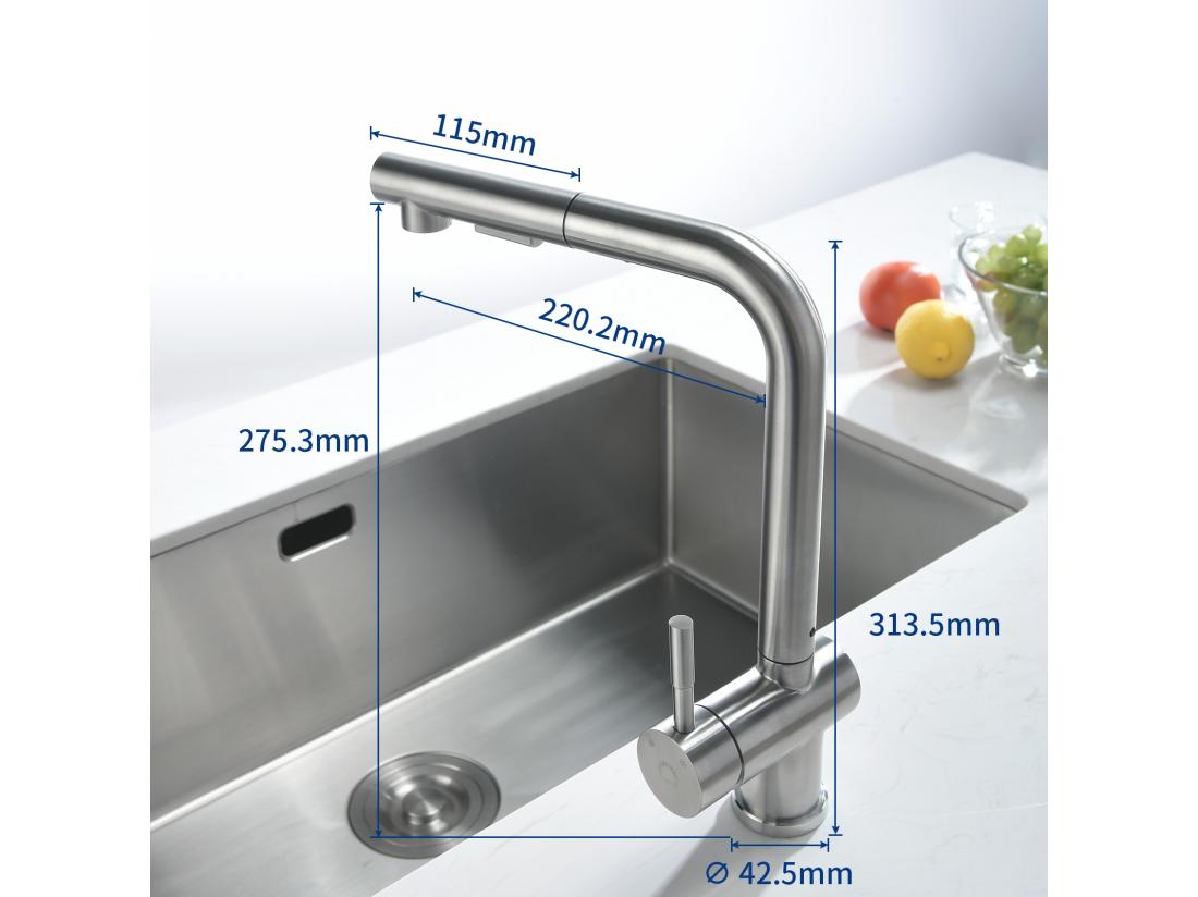 Vente Unique Cecipa Max Évier Cuisine 1 Bac 60×45×18CM Évier Inox Brossé Avec Panier De Drainage + Robinet Avec Douchette Mitigeur D'évier Extractible Brossé