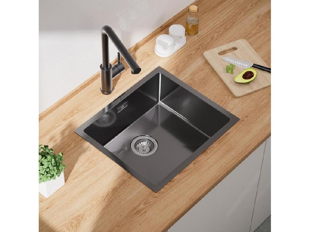 Vente Unique CECIPA MAX Évier De Cuisine 1 Bac Évier Inox 50*44CM Noir Anthracite + Mitigeur De Cuisine En Inox Noir étoilé Avec Bec Haut Et Incurvé