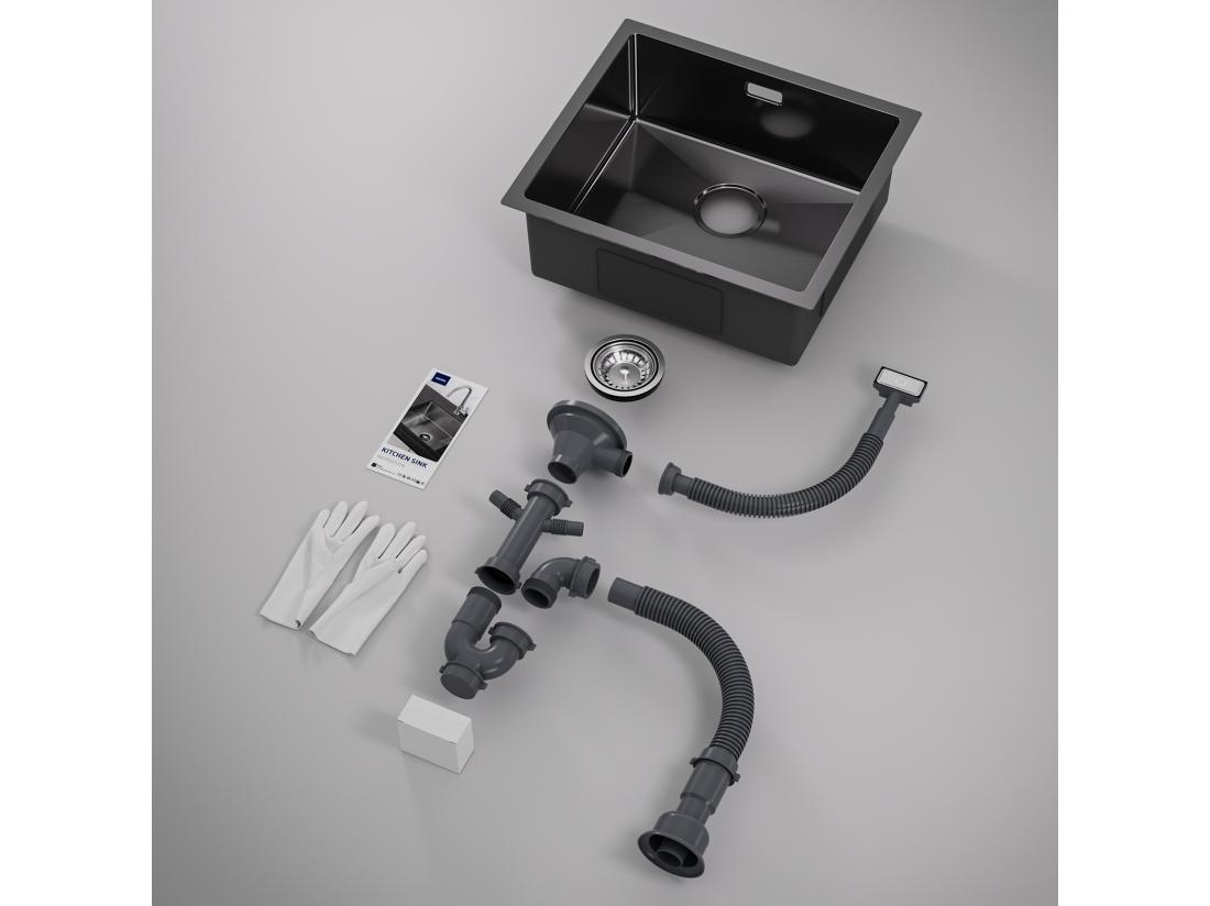 Vente Unique CECIPA MAX Évier De Cuisine 1 Bac Évier Inox 50*44CM Noir Anthracite + Mitigeur De Cuisine En Inox Noir étoilé Avec Bec Haut Et Incurvé