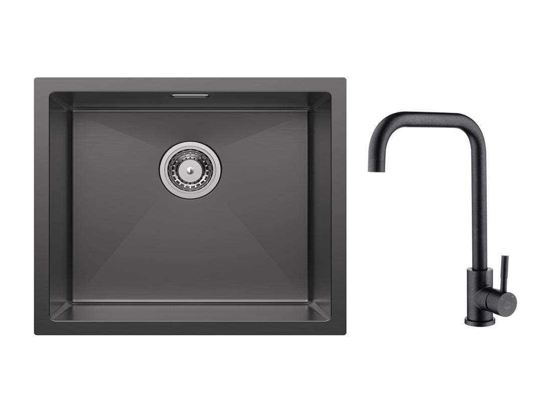 vente unique CECIPA MAX Évier de Cuisine 1 Bac Évier Inox 50*44CM Noir Anthracite + Mitigeur de Cuisine en Inox Noir étoilé avec Bec Haut et Incurvé