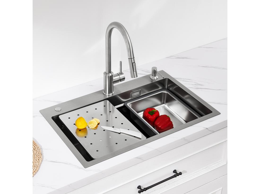 Vente Unique Cecipa Max Évier De Cuisine 1 Cuve 70×45cm + Egouttoir + Vasque + Distributeur De Savon Évier 1 Bac Évier Inox Grande Capacité (Argent) EU Modèle