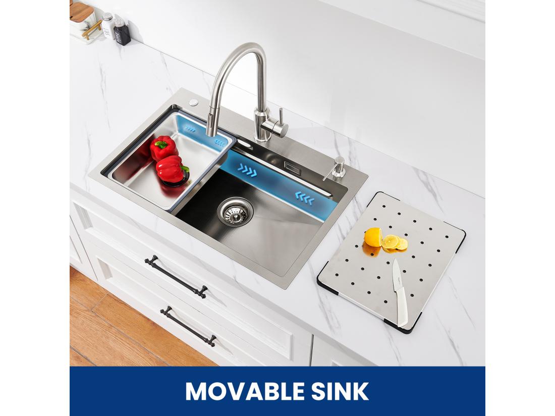 Vente Unique Cecipa Max Évier Inox 70×45×21.5CM Avec Egouttoir Vasque Et Distributeur De Savon + Robinet Cuisine Avec Douchette Mitigeur Extractible Brossé