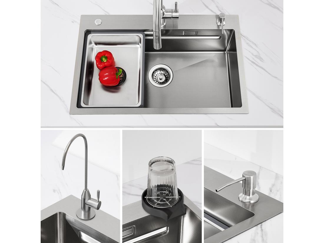 vente unique Cecipa max Évier Inox 70×45×21.5CM avec Egouttoir Vasque et Distributeur de Savon + Robinet Cuisine avec Douchette Mitigeur Extractible Brossé