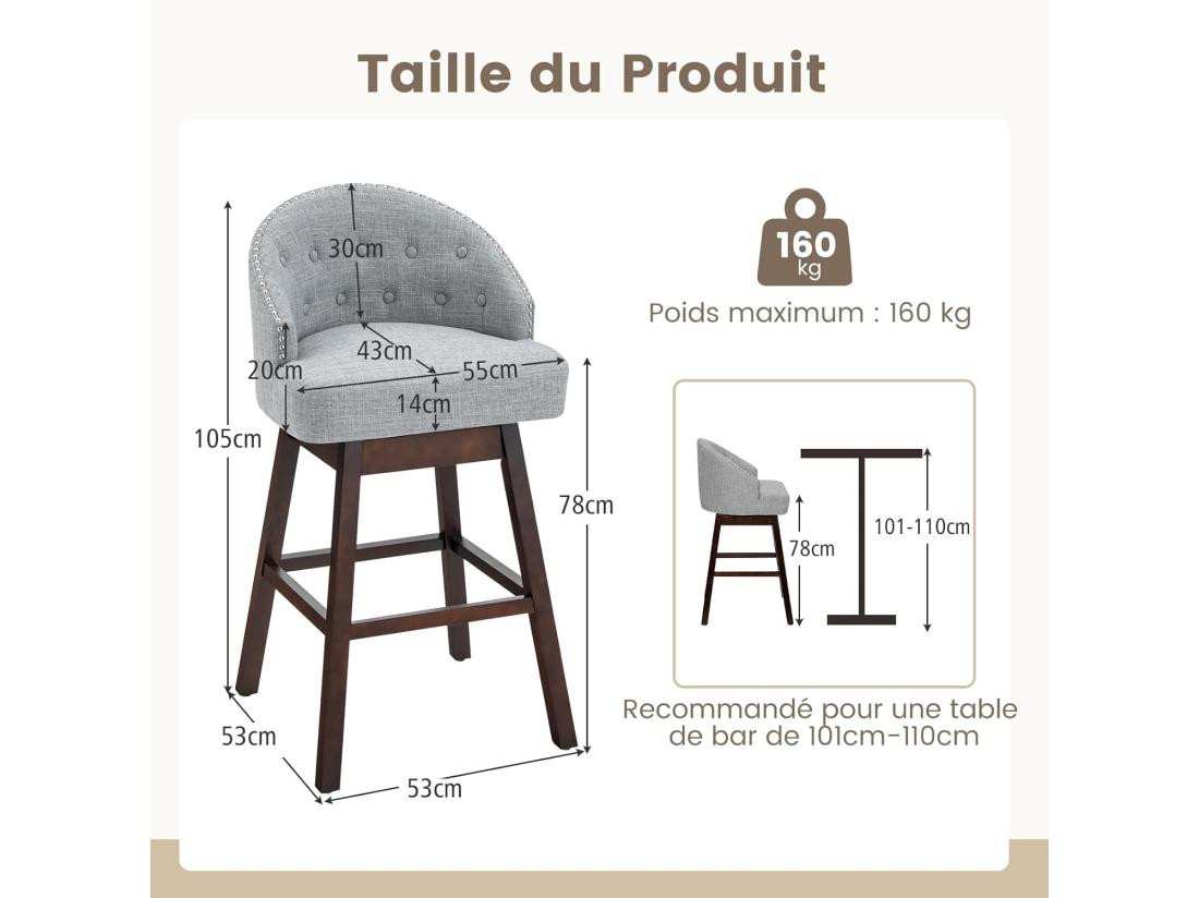 Vente Unique Chaise De Bar Pivotante Tabouret De Bar Lot De 2 Rembourré En éponge Pieds En Bois Repose-pieds Gris