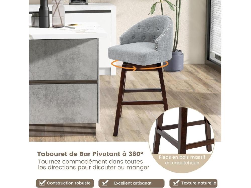 vente unique Chaise de bar pivotante Tabouret de bar lot de 2 rembourré en éponge pieds en bois repose-pieds gris