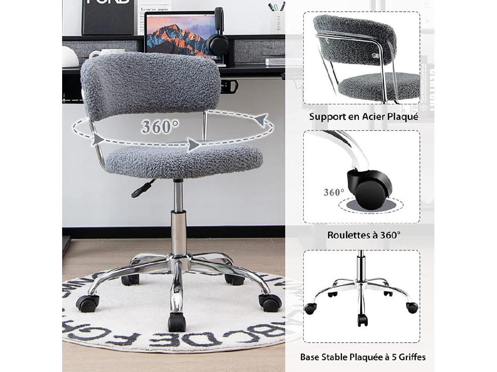 Vente Unique Chaise De Bureau à Domicile Chaise De Loisirs Pivotante En Fausse Fourrure Avec Siège Rembourré Réglable En Hauteur Pour Chambre Bureau Chambre D'amis Gris
