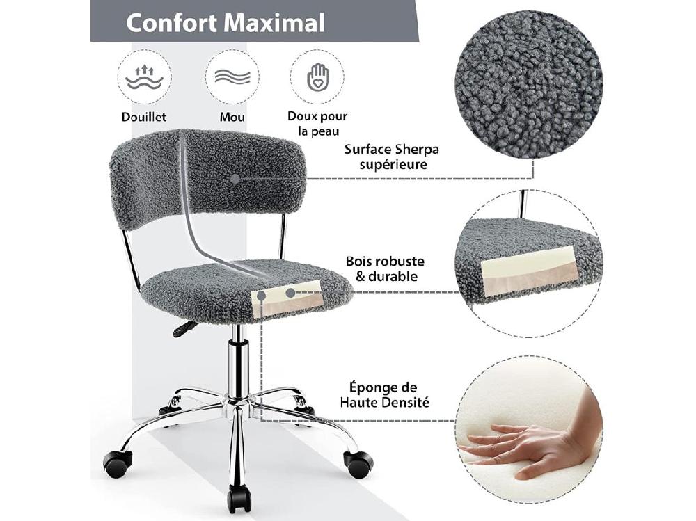 Vente Unique Chaise De Bureau à Domicile Chaise De Loisirs Pivotante En Fausse Fourrure Avec Siège Rembourré Réglable En Hauteur Pour Chambre Bureau Chambre D'amis Gris