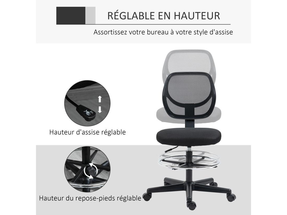 Vente Unique Chaise De Bureau Assise Haute Réglable Dim. 59L X 61l X 93-113H Cm Pivotant 360° Tissu Maille Respirante Noir
