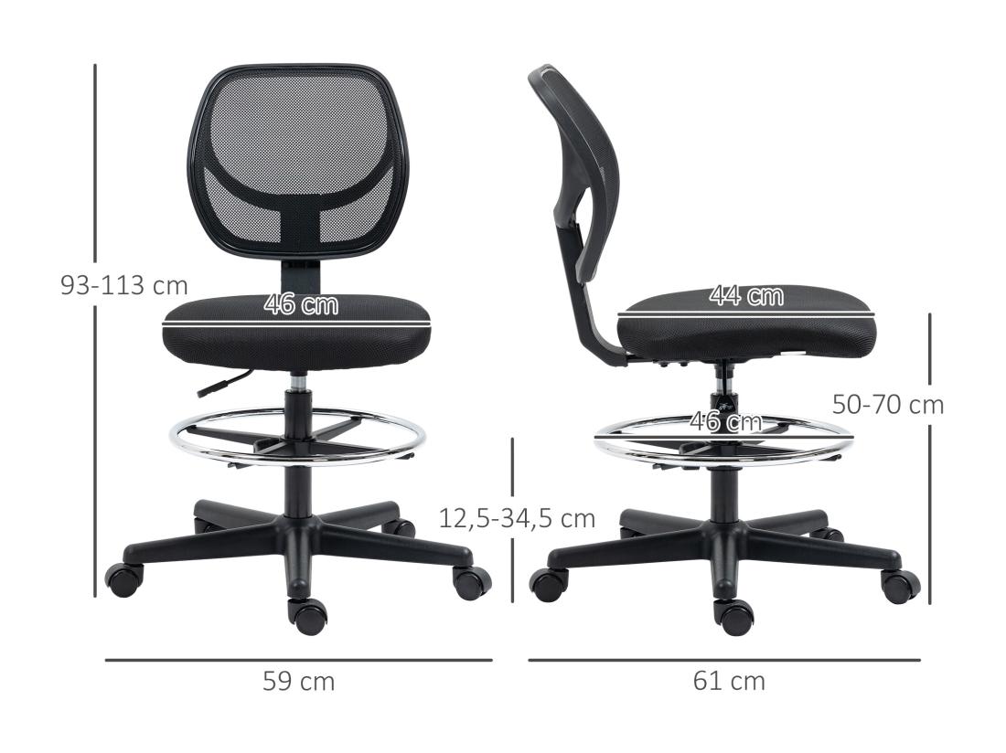 Vente Unique Chaise De Bureau Assise Haute Réglable Dim. 59L X 61l X 93-113H Cm Pivotant 360° Tissu Maille Respirante Noir