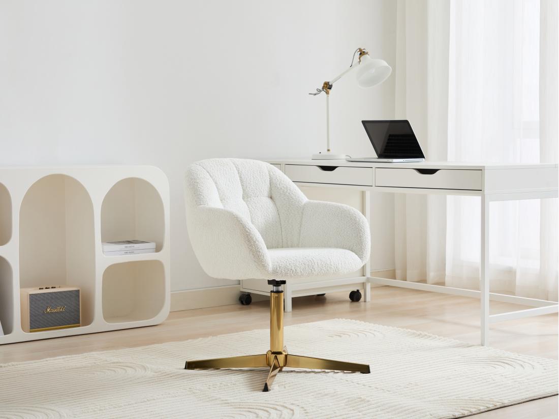 vente unique Chaise de bureau en tissu bouclette - Blanc et doré - LANCIEGA de Pascal Morabito