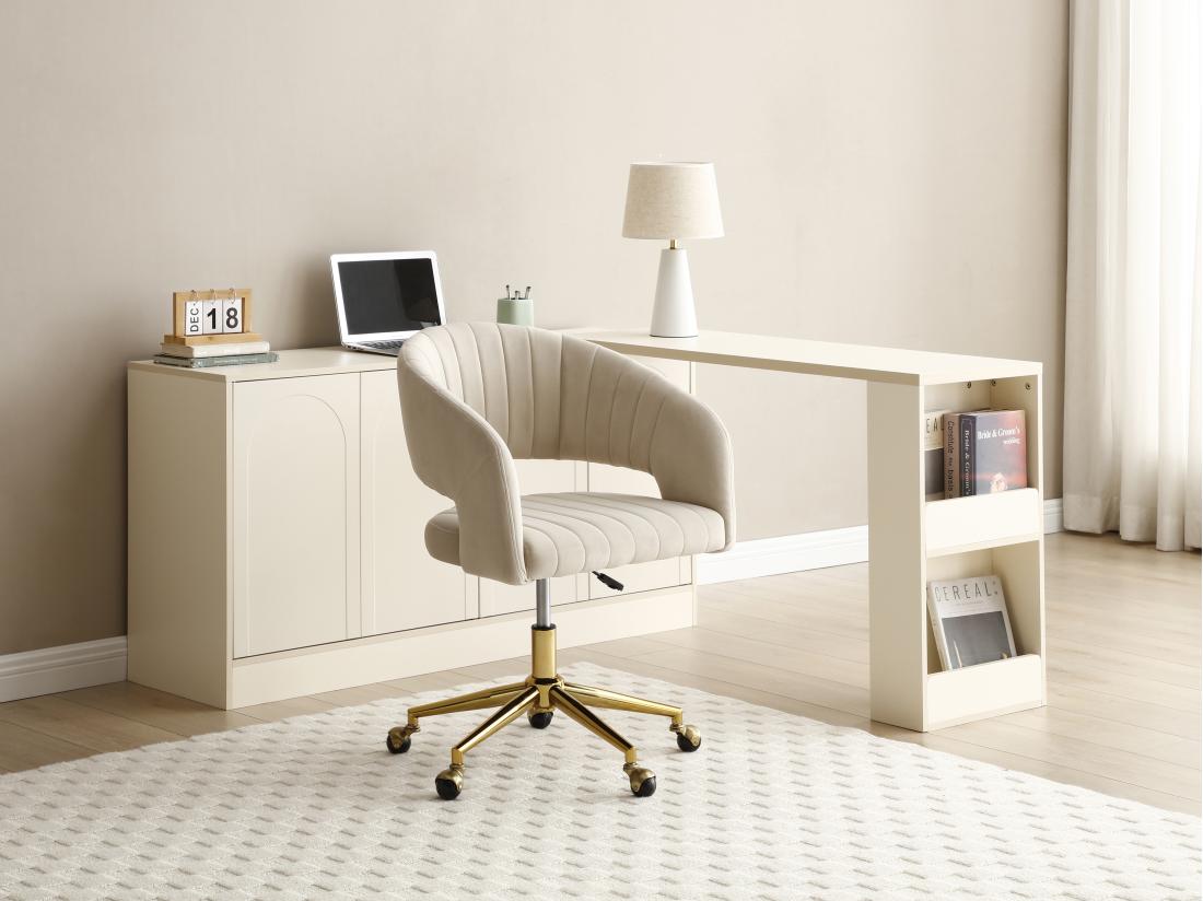 vente unique Chaise de bureau en velours - Beige et doré - Hauteur réglable - TIRIESI de Pascal Morabito