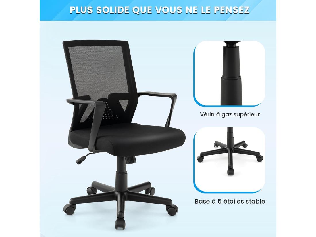 Vente Unique Chaise De Bureau Ergonomique Chaise De Travail Avec Soutien Lombaire Et Dossier à Bascule Pivotante En Maille Avec Accoudoirs Pour Chambre Bureau Noir