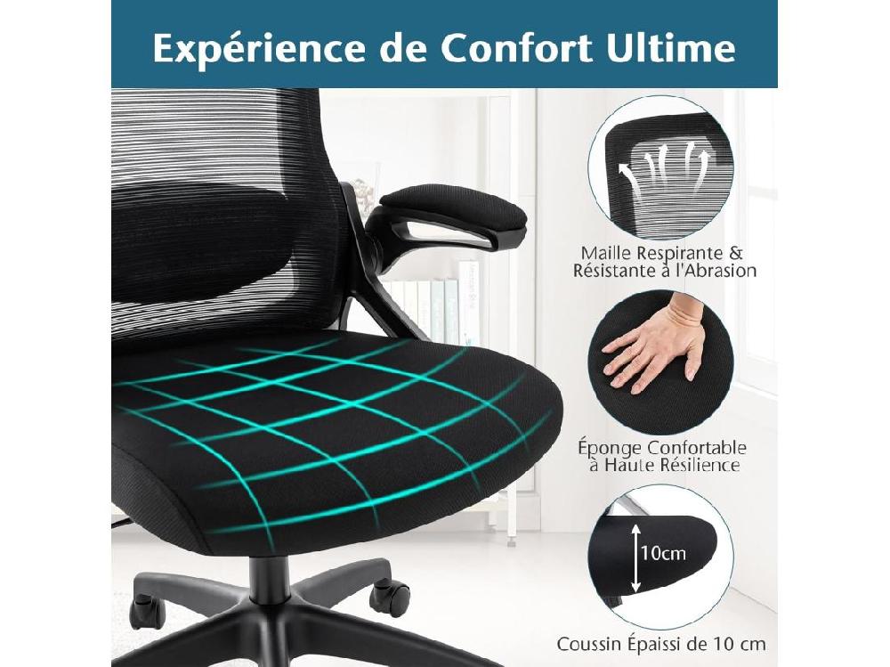 Vente Unique Chaise De Bureau Ergonomique Chaise Pivotante Avec Soutien Lombaire Ajustable & Dossier Basculant En Maille Chaise D’Ordinateur Avec Appuie-tête Ajustable Et Accoudoirs Rabattables (Noir)