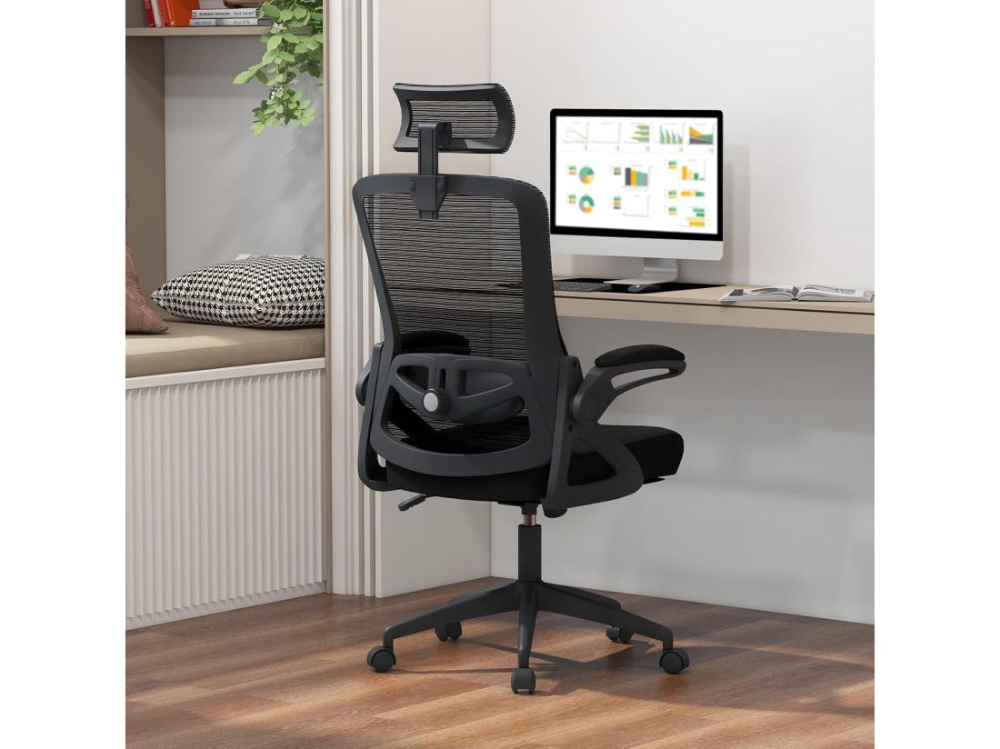 Vente Unique Chaise De Bureau Ergonomique Chaise Pivotante Avec Soutien Lombaire Ajustable & Dossier Basculant En Maille Chaise D’Ordinateur Avec Appuie-tête Ajustable Et Accoudoirs Rabattables (Noir)