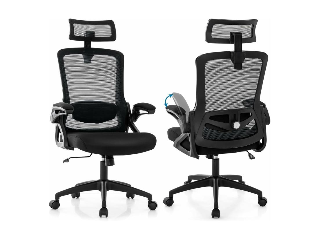 Vente Unique Chaise De Bureau Ergonomique Chaise Pivotante Avec Soutien Lombaire Ajustable & Dossier Basculant En Maille Chaise D’Ordinateur Avec Appuie-tête Ajustable Et Accoudoirs Rabattables (Noir)
