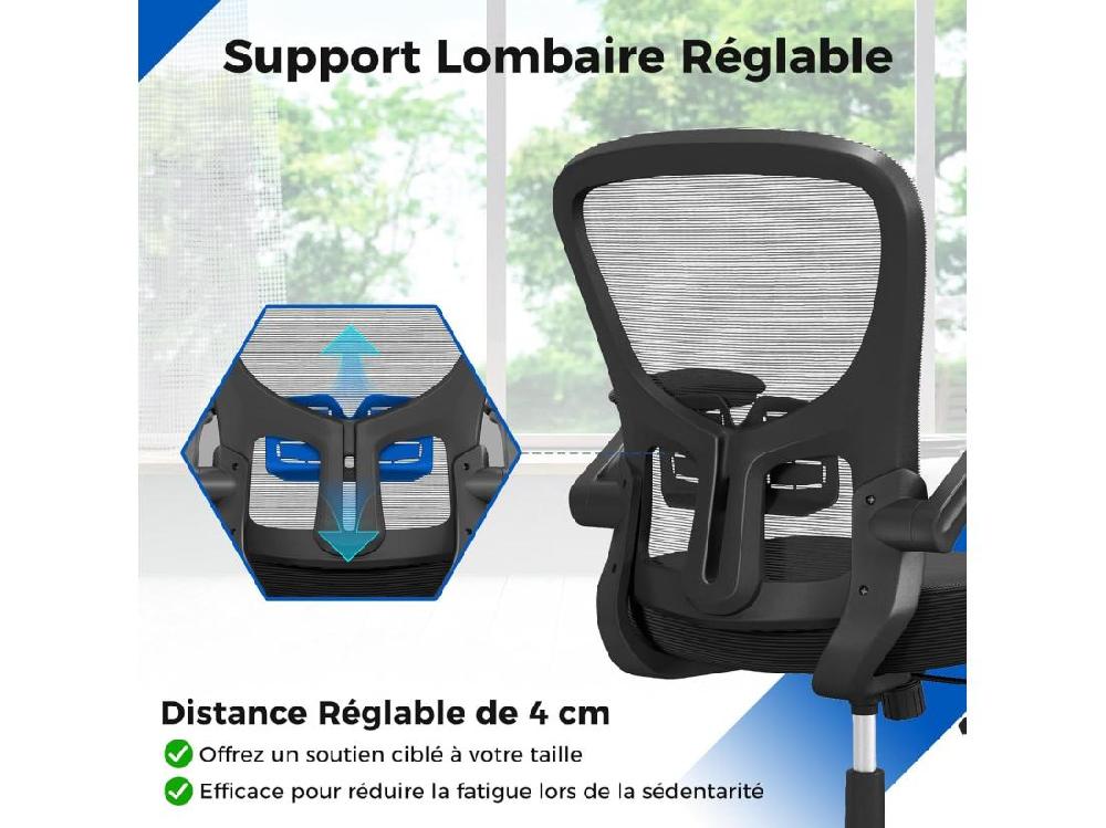 Vente Unique Chaise De Bureau Ergonomique Chaise Pivotante Avec Accoudoirs Escamotables Soutien Lombaire Réglable Et Dossier Basculant De 90° à 120° Pour Bureau Chambre Noir