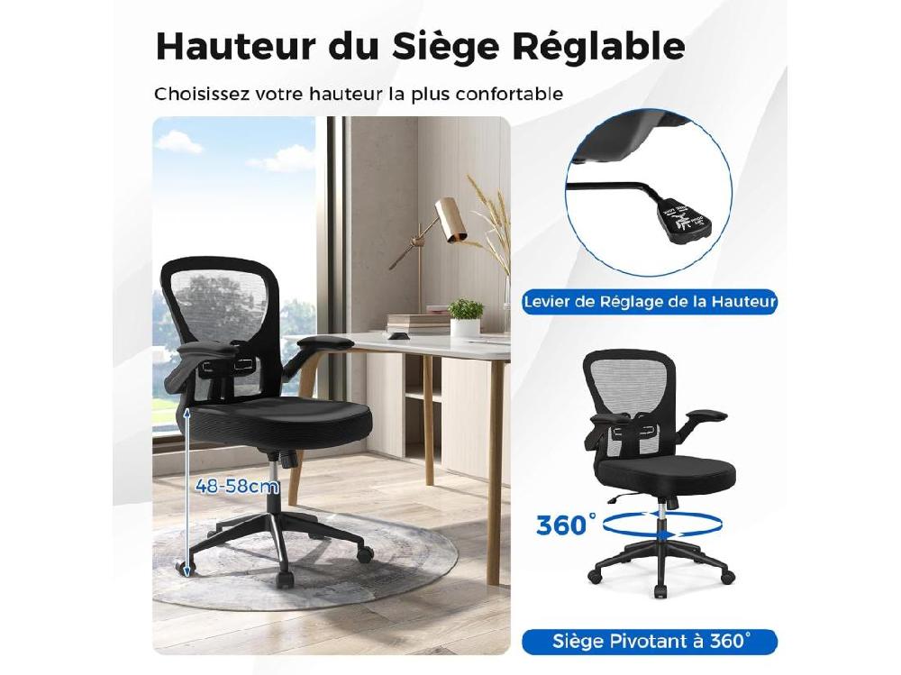 Vente Unique Chaise De Bureau Ergonomique Chaise Pivotante Avec Accoudoirs Escamotables Soutien Lombaire Réglable Et Dossier Basculant De 90° à 120° Pour Bureau Chambre Noir