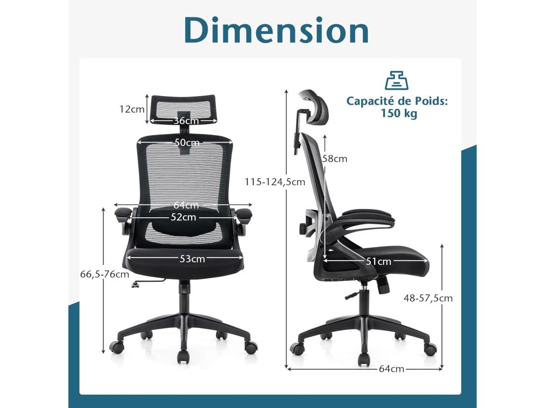 vente unique Chaise de Bureau Ergonomique Chaise Pivotante avec Soutien Lombaire Ajustable & Dossier Basculant en Maille Chaise d’Ordinateur avec Appuie-tête Ajustable et Accoudoirs Rabattables (Noir)