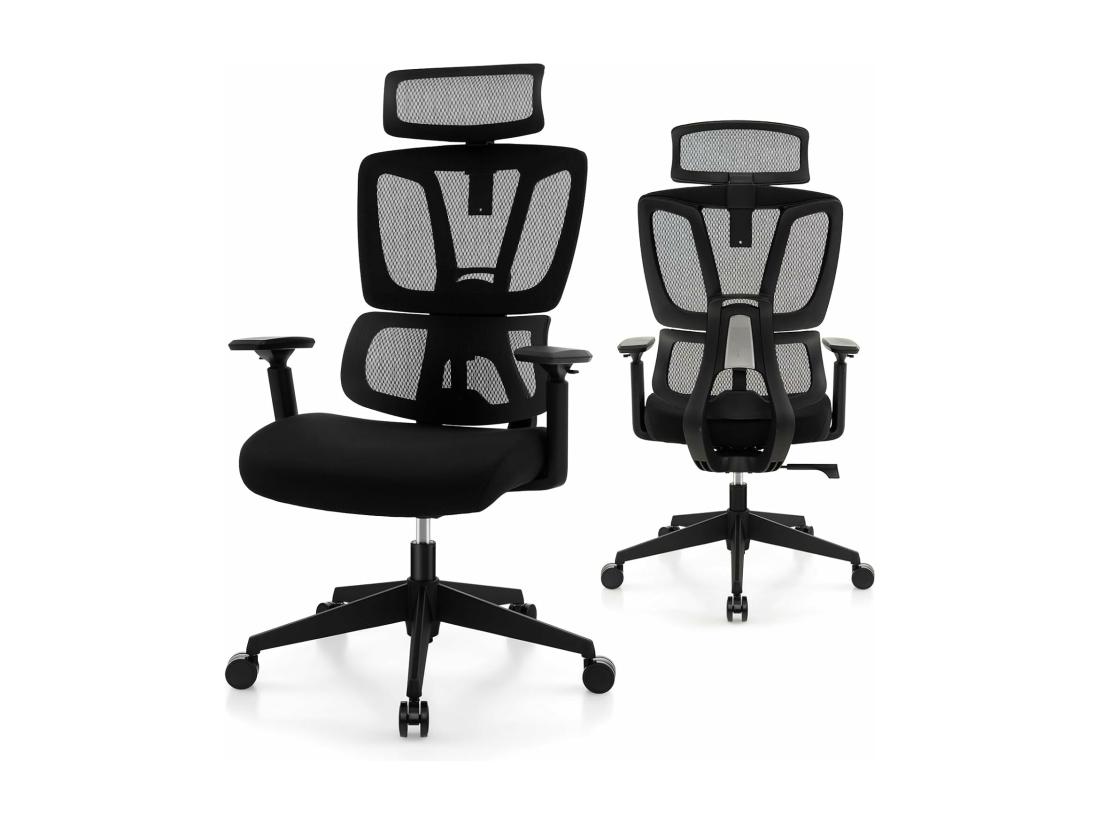 Vente Unique Chaise De Bureau Ergonomique Fauteuil Bureau Inclinable Pivotant Réglable En Hauteur Maille Respirante Support Lombaire En C Appui-tête Accoudoirs Et Dossier Ajustables Noir
