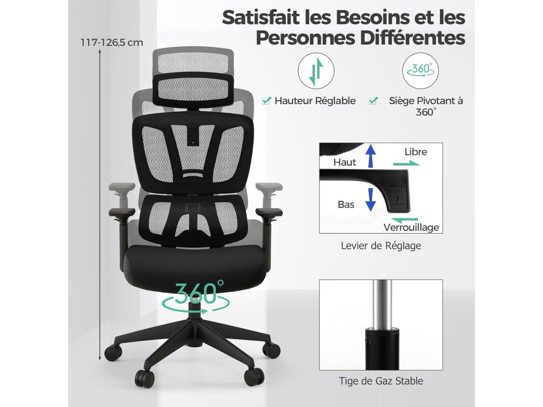 Vente Unique Chaise De Bureau Ergonomique Fauteuil Bureau Inclinable Pivotant Réglable En Hauteur Maille Respirante Support Lombaire En C Appui-tête Accoudoirs Et Dossier Ajustables Noir