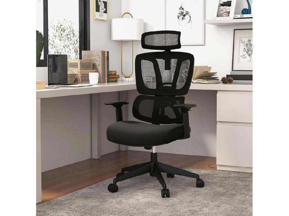 Vente Unique Chaise De Bureau Ergonomique Fauteuil Bureau Inclinable Pivotant Réglable En Hauteur Maille Respirante Support Lombaire En C Appui-tête Accoudoirs Et Dossier Ajustables Noir