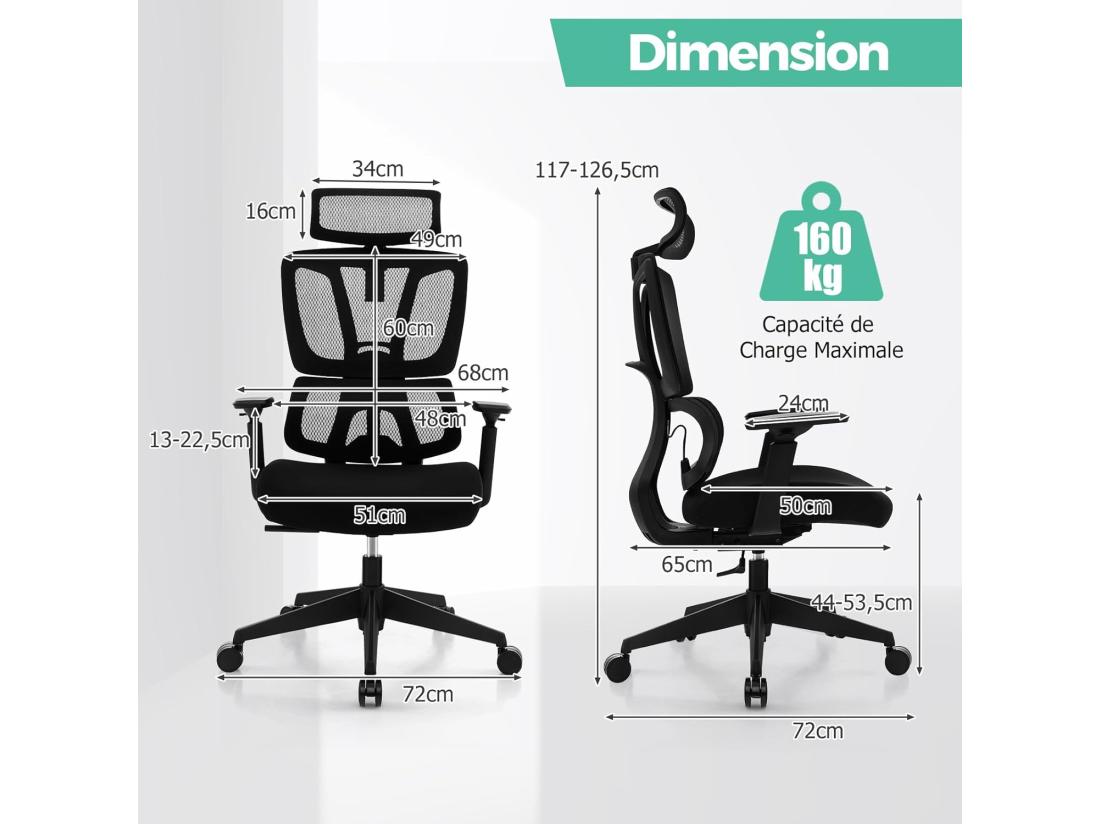 vente unique Chaise de Bureau Ergonomique Fauteuil Bureau Inclinable Pivotant Réglable en Hauteur Maille Respirante Support Lombaire en C Appui-tête Accoudoirs et Dossier Ajustables Noir