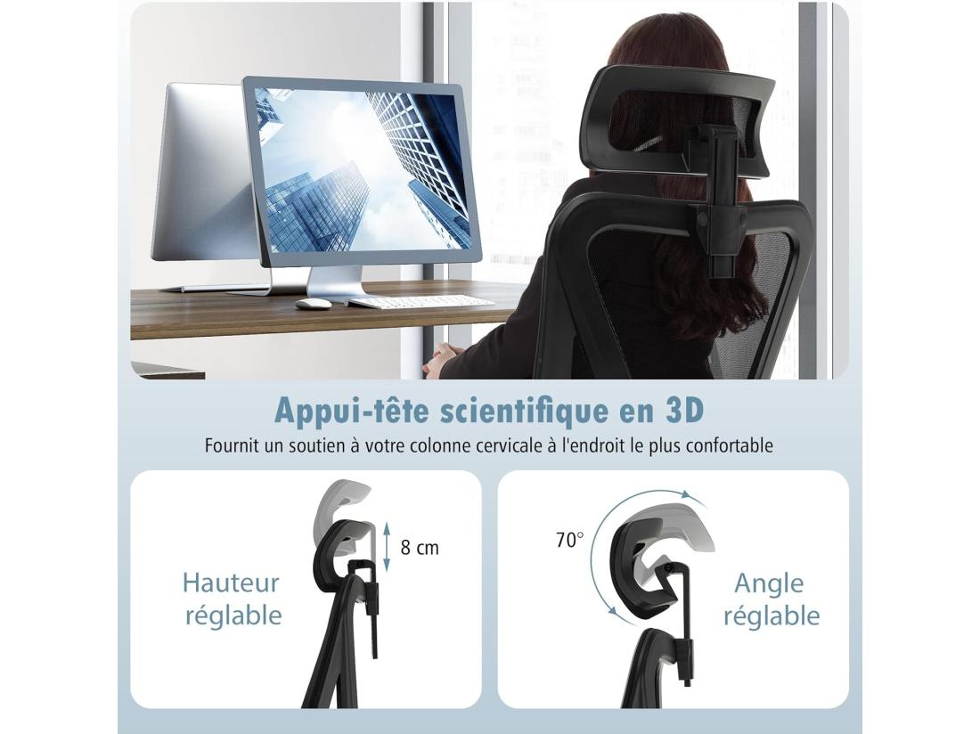 Vente Unique Chaise De Bureau Ergonomique Fauteuil Bureau Pivotant Réglable En Hauteur Dossier à Bascule De 90° à 120° Maille Respirante Support Lombaire Appui-tête Accoudoirs Ajustables Noir