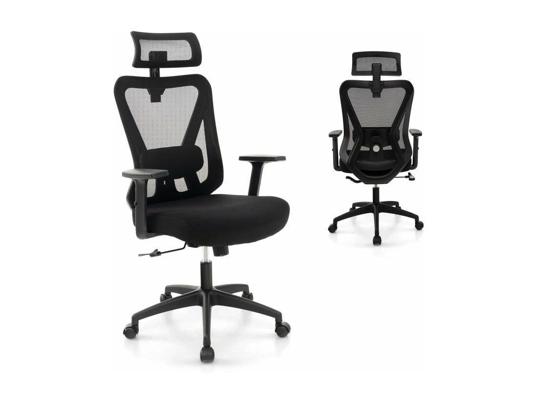 Vente Unique Chaise De Bureau Ergonomique Fauteuil Bureau Pivotant Réglable En Hauteur Dossier à Bascule De 90° à 120° Maille Respirante Support Lombaire Appui-tête Accoudoirs Ajustables Noir