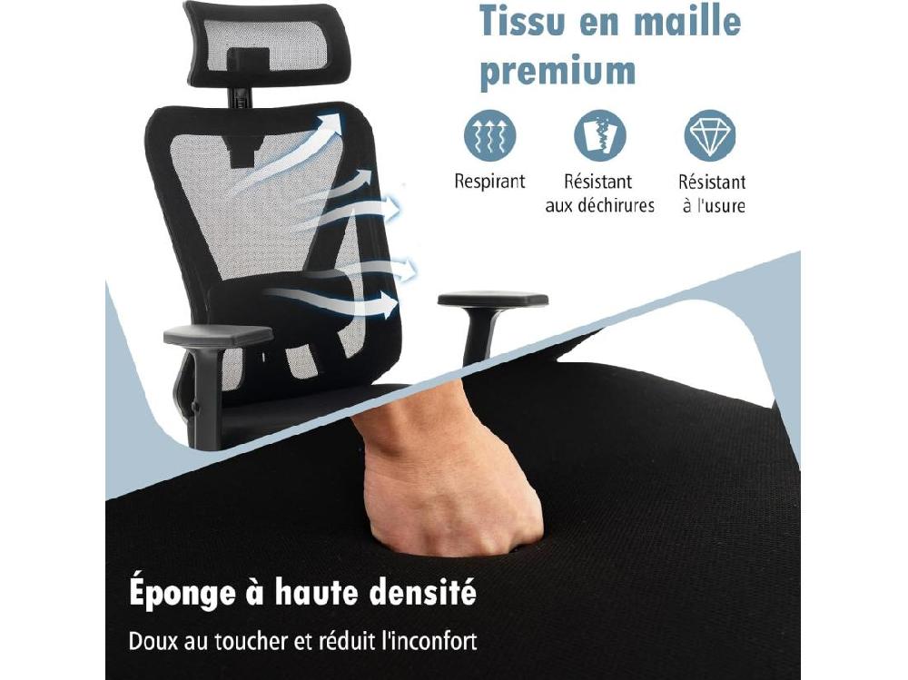 Vente Unique Chaise De Bureau Ergonomique Fauteuil Bureau Pivotant Réglable En Hauteur Dossier à Bascule De 90° à 120° Maille Respirante Support Lombaire Appui-tête Accoudoirs Ajustables Noir