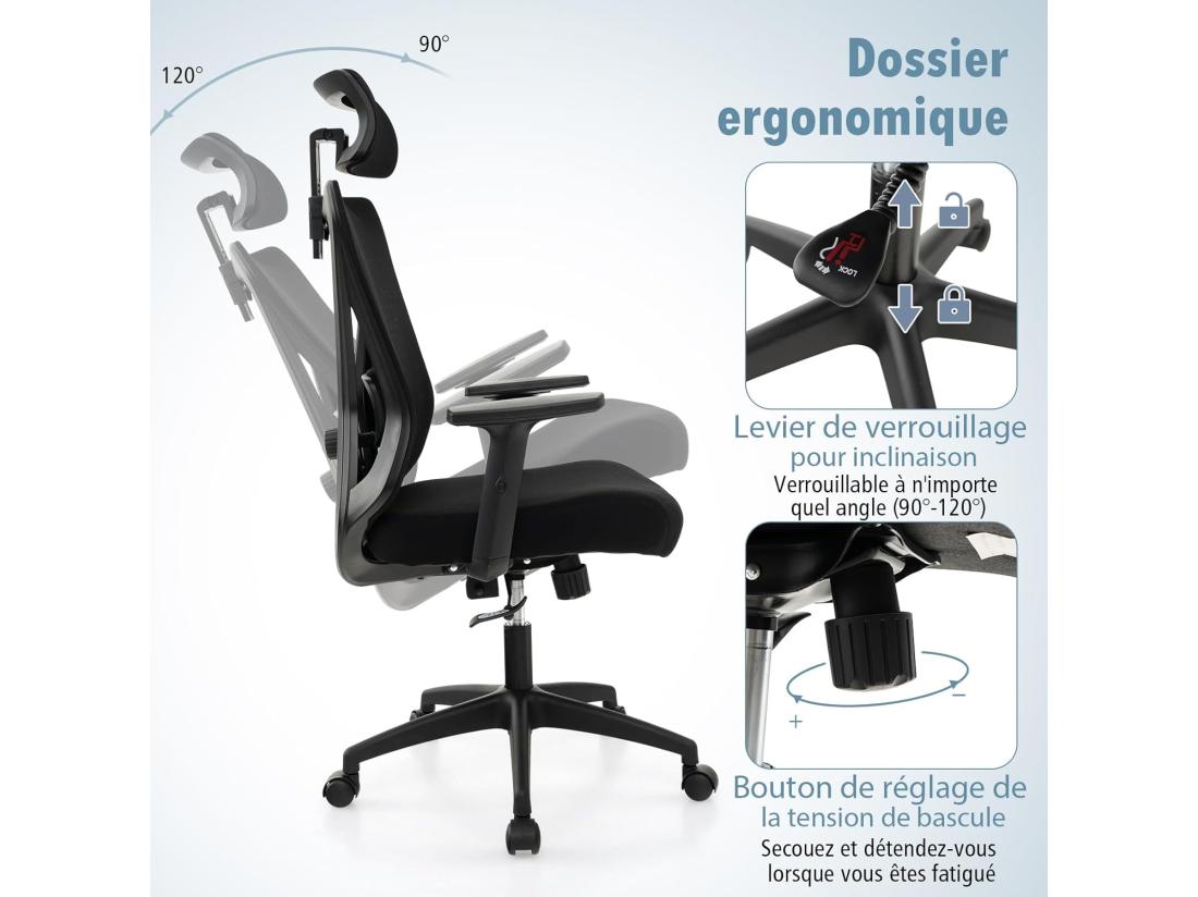 vente unique Chaise de Bureau Ergonomique Fauteuil Bureau Pivotant Réglable en Hauteur Dossier à Bascule de 90° à 120° Maille Respirante Support Lombaire Appui-tête Accoudoirs Ajustables Noir