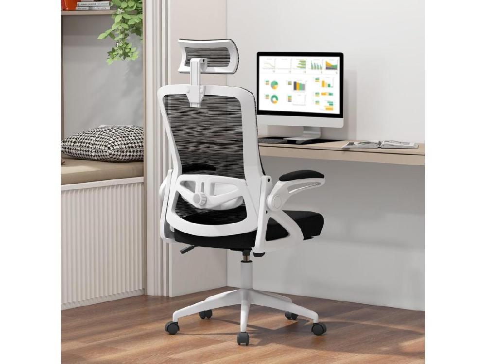 Vente Unique Chaise De Bureau Ergonomique Fauteuil Pivotante Avec Soutien Lombaire & Dossier Basculant En Maille Avec Appuie-tête Ajustable Et Accoudoirs Rabattables (Blanc)